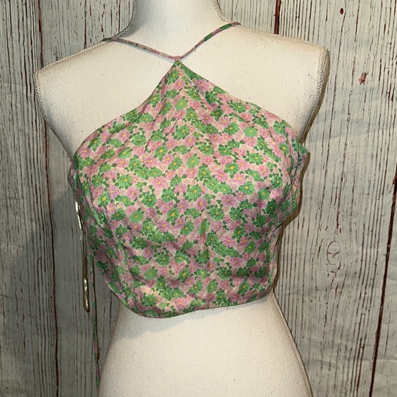 Zara Tops - Zara Pink and Green Asymmetrical Crop Tank Top